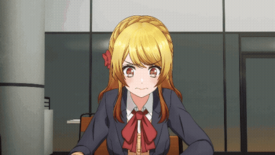 A Girl With Blonde Hair And Red Eyes Is Sitting At A Table GIF