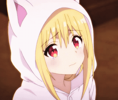 A Girl With Blonde Hair And Red Eyes Wears A White Cat Hoodie GIF