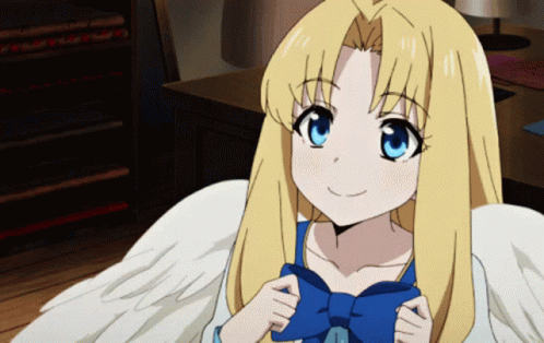 A Girl With Blonde Hair And White Wings Is Smiling GIF