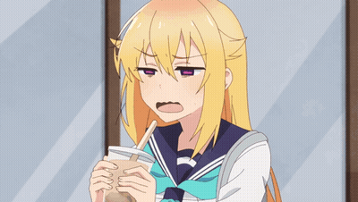 A Girl With Blonde Hair Is Holding A Cup With A Straw In Her Mouth GIF