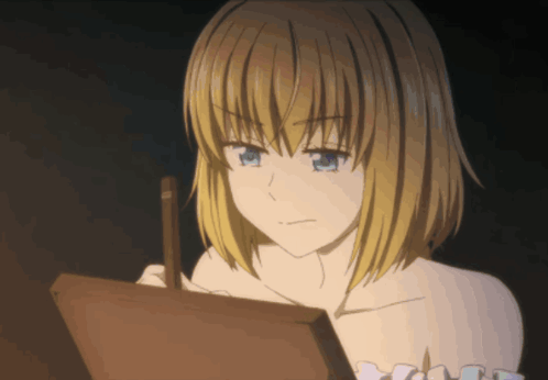 A Girl With Blonde Hair Is Holding A Pencil GIF