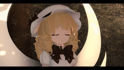 A Girl With Blonde Hair Is Wearing A White Hat And A Bow GIF