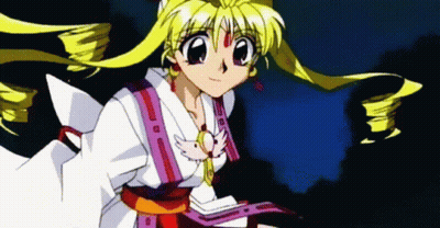A Girl With Blonde Hair Is Wearing A White Kimono With A Purple Ribbon Around Her Waist GIF