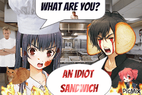 A Girl With Blood On Her Face Talks To A Boy With A Sandwich On His Head GIF