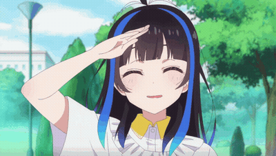 A Girl With Blue And Black Hair Salutes In A Park GIF