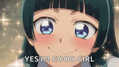 A Girl With Blue Eyes Is Smiling With The Words Yes Im Good Girl Below Her GIF