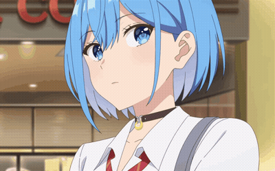 A Girl With Blue Hair And A Choker Is Standing In Front Of A Store GIF