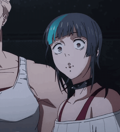 A Girl With Blue Hair And A Choker Looks At The Camera GIF