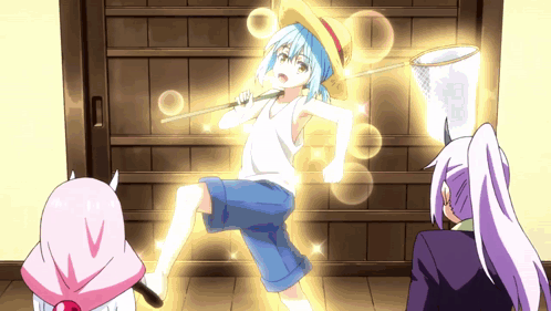 A Girl With Blue Hair And A Hat Is Holding A Fishing Net GIF