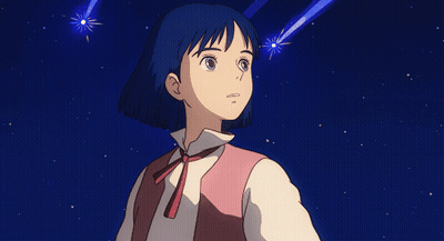 A Girl With Blue Hair And A Pink Vest Looks Up At The Stars GIF