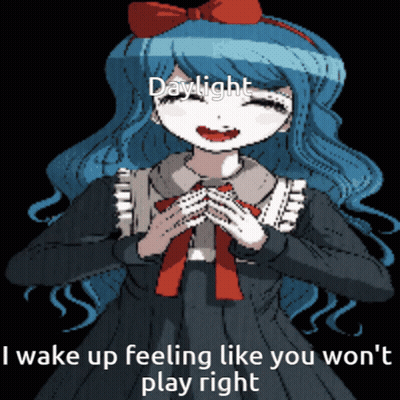 A Girl With Blue Hair And A Red Bow On Her Head Says " Daylight I Wake Up Feeling Like You Won 'T Play Right " GIF