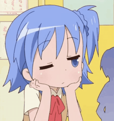 A Girl With Blue Hair And A Red Bow Tie Has Her Hand On Her Chin GIF