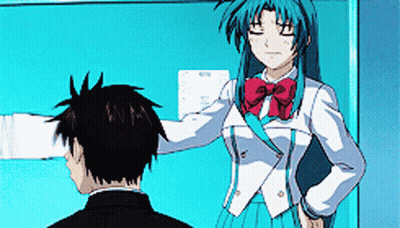 A Girl With Blue Hair And A Red Bow Tie Is Standing Next To A Boy GIF