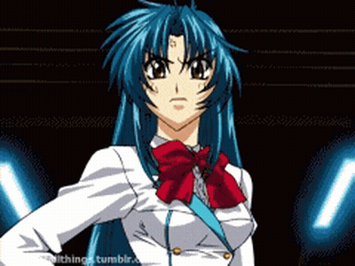 A Girl With Blue Hair And A Red Bow Tie Stands In Front Of A Blue Light GIF