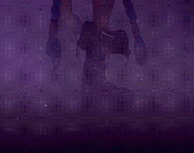 A Girl With Blue Hair And A Tattoo On Her Arm Is Standing In Front Of A Purple Sky . GIF