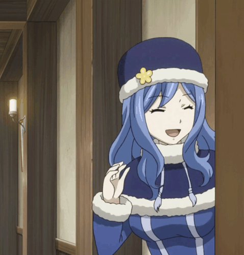 A Girl With Blue Hair And A White Hat With A Yellow Flower On It GIF