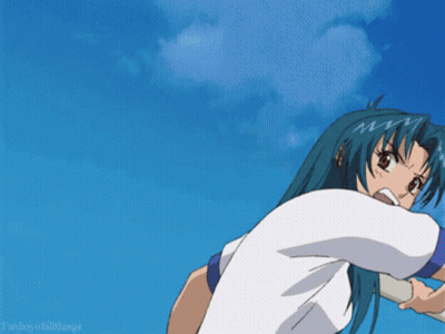 A Girl With Blue Hair And A White Shirt Is Screaming In Front Of A Blue Sky With The Words Fanboy Of All Things Below He GIF