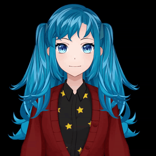 A Girl With Blue Hair And Blue Eyes Is Wearing A Red Jacket With Stars On It GIF
