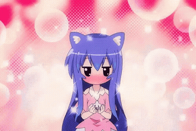 A Girl With Blue Hair And Cat Ears Is Standing In Front Of Pink Bubbles . GIF