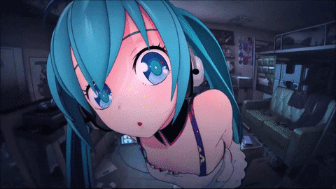 A Girl With Blue Hair And Headphones Looks Up At The Camera GIF