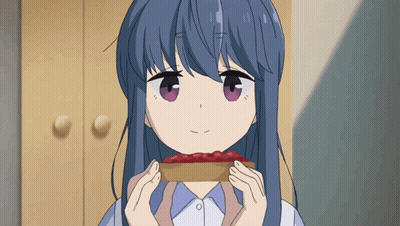 A Girl With Blue Hair And Purple Eyes Is Eating A Piece Of Toast GIF