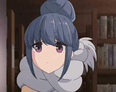 A Girl With Blue Hair And Purple Eyes Is Standing In Front Of A Bookshelf GIF