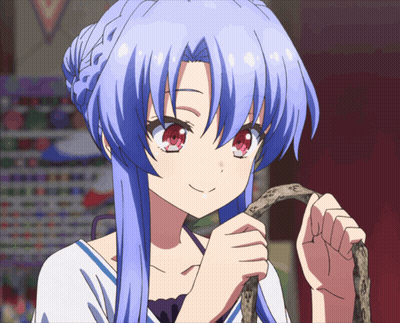 A Girl With Blue Hair And Red Eyes Holds A Snake In Her Hand GIF
