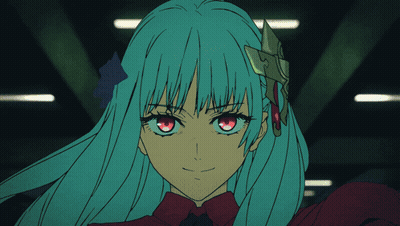A Girl With Blue Hair And Red Eyes Is Smiling GIF