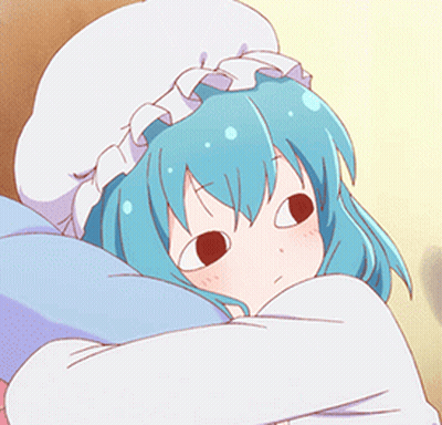 A Girl With Blue Hair And Red Eyes Is Wrapped In A Blanket GIF