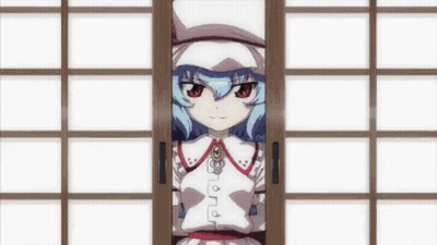 A Girl With Blue Hair And Red Eyes Looks Out Of A Window GIF