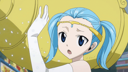 A Girl With Blue Hair And White Gloves Is Holding Something GIF