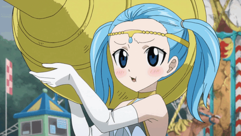 A Girl With Blue Hair And White Gloves Is Standing In Front Of A Carnival Ride GIF