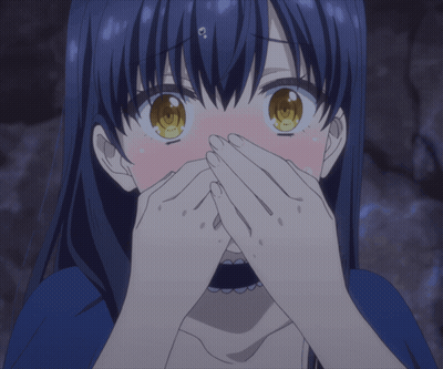 A Girl With Blue Hair And Yellow Eyes Covering Her Mouth With Her Hands GIF