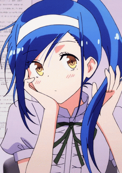 A Girl With Blue Hair And Yellow Eyes Is Looking Up GIF