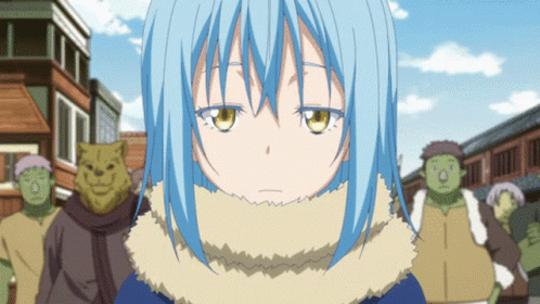 A Girl With Blue Hair And Yellow Eyes Is Wearing A Scarf Around Her Neck GIF