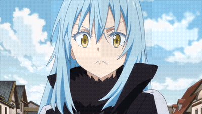 A Girl With Blue Hair And Yellow Eyes Stands In Front Of A City GIF