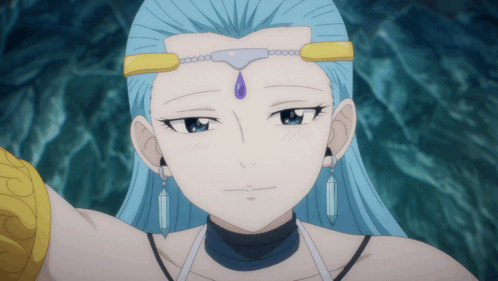 A Girl With Blue Hair Has A Purple Jewel On Her Head GIF