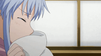A Girl With Blue Hair Is Covering Her Face With A White Blanket GIF
