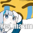 A Girl With Blue Hair Is Crying In Front Of A Yellow Face With The Words Yes Ma Am Written On It . Sticker