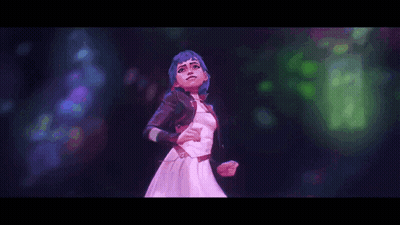 A Girl With Blue Hair Is Dancing In A Dark Room In A Video Game . GIF
