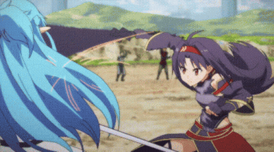A Girl With Blue Hair Is Fighting Another Girl With Purple Hair And A Sword GIF