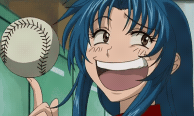 A Girl With Blue Hair Is Holding A Baseball And Smiling GIF