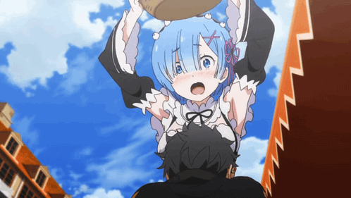 A Girl With Blue Hair Is Holding A Basket Above Her Head GIF