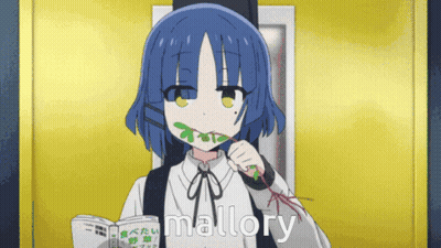 A Girl With Blue Hair Is Holding A Book And The Word Mallory Is On The Bottom GIF