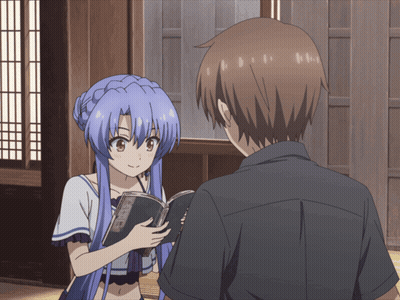 A Girl With Blue Hair Is Holding A Book Next To A Boy GIF