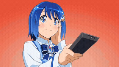 A Girl With Blue Hair Is Holding A Cell Phone In Her Hand GIF