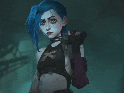 A Girl With Blue Hair Is Holding A Gun And Pointing At The Camera GIF