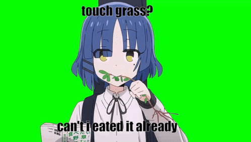 A Girl With Blue Hair Is Holding A Leaf In Her Mouth And Eating It . GIF
