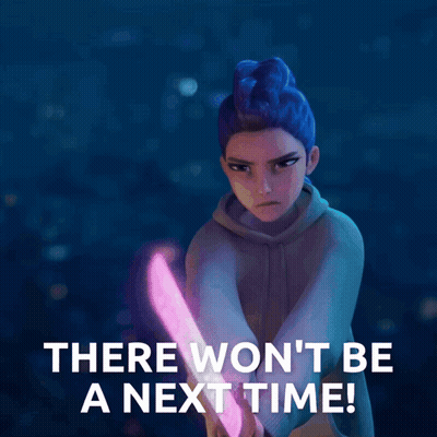 A Girl With Blue Hair Is Holding A Light Saber With The Words There Won 'T Be A Next Time GIF