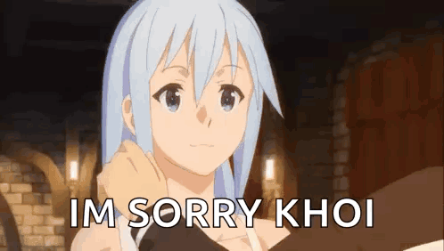 A Girl With Blue Hair Is Holding A Man 'S Hand And Says `` Im Sorry Khi '' . GIF